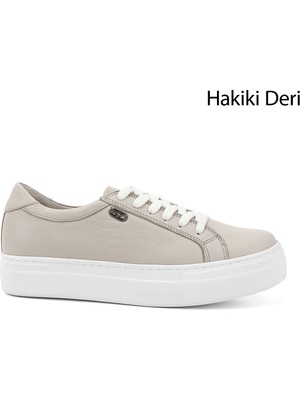GÖNDERİ Kadın Antik Bej  Bağcıklı Dolgu Taban Hakiki Deri Sneaker