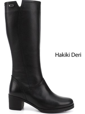 GÖNDERİ Kadın Siyah Floter  Fermuarlı Kalın Topuklu Hakiki Deri Çizme