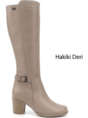 Gönderi(r) Kadın Bej Fermuarlı Kalın Topuklu Hakiki Deri Çizme