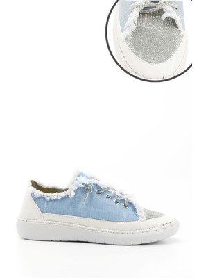 Kadın Mavi Kot Triko Taşlı Comfort Dolgu Taban Sneaker