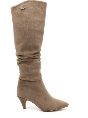GÖNDERİ Kadın Vizon Süet  Sivri Burun Körüklü İnce Topuklu Çizme