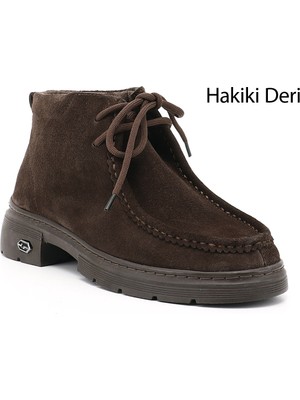 GÖNDERİ Kadın Kahverengi - Süet  Bağcıklı Hakiki Deri Comfort Bot