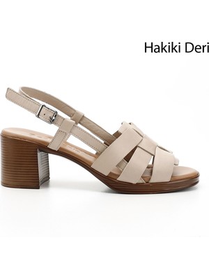 Gönderi(r) Kadın Bej Antik Örgü Bantlı Kalın Topuklu Hakiki Deri Sandalet