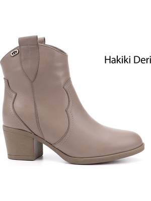 GÖNDERİ Kadın Bej  Kalın Topuklu Hakiki Deri Kovboy Bot