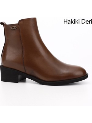 Gönderi(r) Kadın Taba Antik Fermuarlı Kalın Topuklu Hakiki Deri Bot