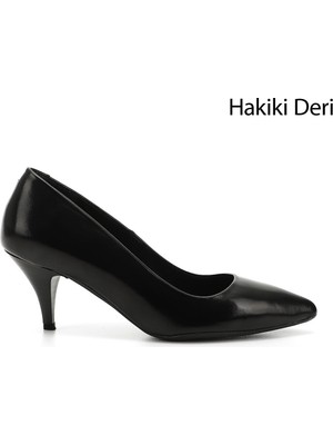 GÖNDERİ Kadın Siyah Rugan  Sivri Burun İnce Topuklu Hakiki Deri Stiletto