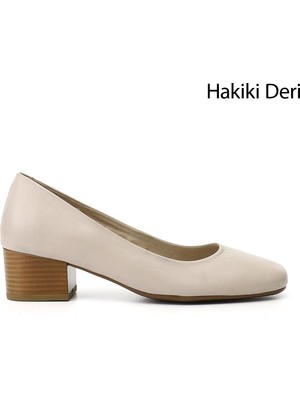 GÖNDERİ Kadın Antik Bej  Kısa Kalın Topuklu Hakiki Deri Ayakkabı