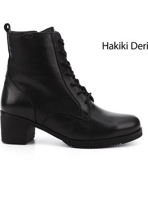 GÖNDERİ Kadın Siyah  Fermuarlı Kalın Topuklu Hakiki Deri Postal Bot