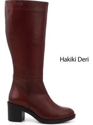 GÖNDERİ Kadın Bordo  Fermuarlı Kalın Topuklu Hakiki Deri Çizme