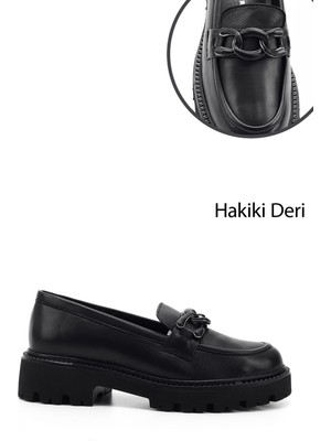 GÖNDERİ Kadın Siyah  Kalın Topuklu Tokalı Hakiki Deri Loafer Ayakkabı