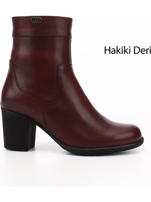 GÖNDERİ Kadın Bordo  Fermuarlı Kalın Topuklu Hakiki Deri Bot