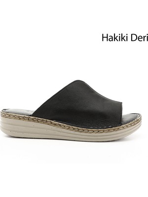 GÖNDERİ Kadın Siyah  Dolgu Topuk Hakiki Deri Comfort Terlik