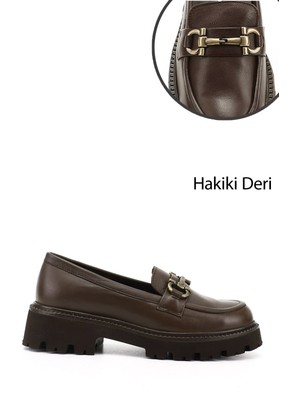 GÖNDERİ Kadın Kahve Antik  Kalın Topuklu Tokalı Hakiki Deri Loafer Ayakkabı