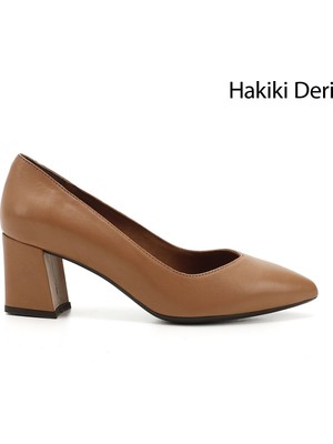 GÖNDERİ Kadın Açık Taba  Sivri Burun Orta Kalın Topuklu Hakiki Deri Ayakkabı