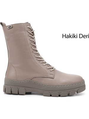 GÖNDERİ Kadın Bej  Fermuarlı Kauçuk Taban Hakiki Deri Postal Bot