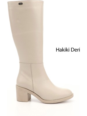 GÖNDERİ Kadın Bej  Fermuarlı Kalın Topuklu Hakiki Deri Çizme