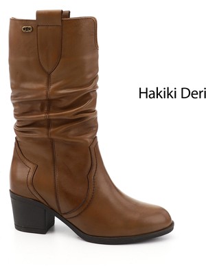 GÖNDERİ Kadın Taba Antik  Kalın Topuklu Körüklü Hakiki Deri Çizme