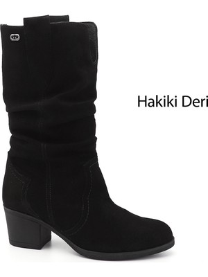GÖNDERİ Kadın Siyah Süet  Kalın Topuklu Körüklü Hakiki Deri Çizme