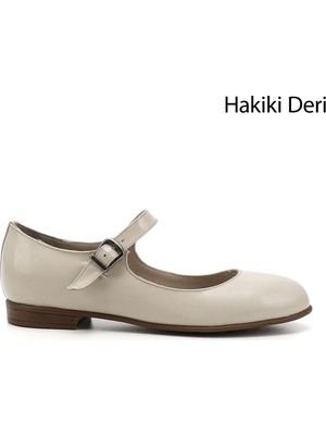 GÖNDERİ Kadın Bej - Rugan  Bilek Bağlı Mary Jane Hakiki Deri Babet