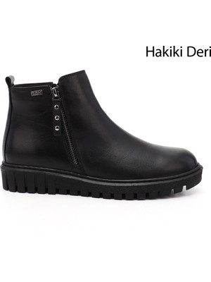 GÖNDERİ Kadın Siyah  Çift Fermuarlı Termo Taban Hakiki Deri Bot