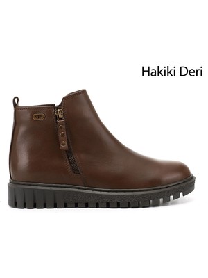 GÖNDERİ Kadın Kahve Antik  Çift Fermuarlı Termo Taban Hakiki Deri Bot