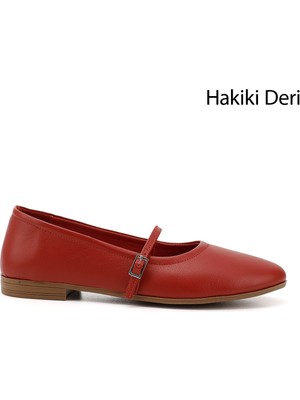 GÖNDERİ Kadın Antik Kırmızı  Mary Jane Hakiki Deri Babet