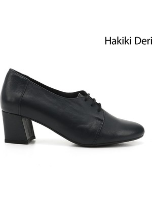GÖNDERİ Kadın Lacivert  Bağcıklı Orta Kalın Topuklu Hakiki Deri Oxford Ayakkabı