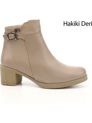 GÖNDERİ Kadın Bej  Fermuarlı Kalın Topuklu Hakiki Deri Bot
