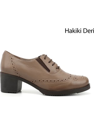 GÖNDERİ Kadın Vizon Antik  Bağcıklı Orta Kalın Topuklu Hakiki Deri Oxford Ayakkabı