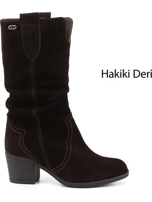 GÖNDERİ Kadın Kahverengi - Süet  Kalın Topuklu Körüklü Hakiki Deri Çizme