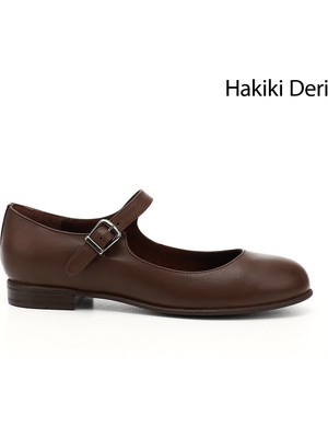 GÖNDERİ Kadın Kahve Antik  Bilek Bağlı Mary Jane Hakiki Deri Babet
