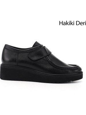 GÖNDERİ Kadın Siyah  Dolgu Taban Cırtlı Hakiki Deri Ayakkabı