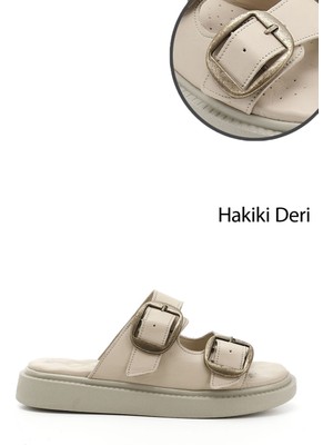 Gönderi(r) Kadın Bej Tokalı Dolgu Taban Hakiki Deri Comfort Terlik