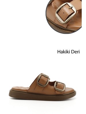 Gönderi® Kadın Taba Tokalı Dolgu Taban Hakiki Deri Comfort Terlik