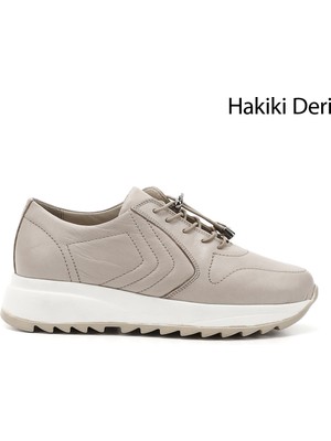 GÖNDERİ Kadın Bej  Bağcıklı Dolgu Taban Hakiki Deri Sneaker