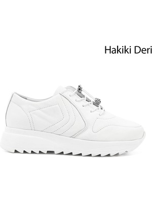 GÖNDERİ Kadın Beyaz  Bağcıklı Dolgu Taban Hakiki Deri Sneaker