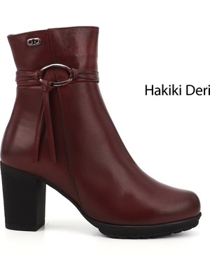 GÖNDERİ Kadın Bordo  Fermuarlı Kalın Topuklu Hakiki Deri Bot