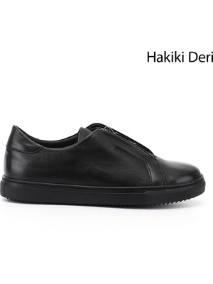 GÖNDERİ Kadın Siyah  Fermuarlı Termo Taban Hakiki Deri Sneaker