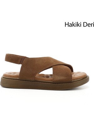 GÖNDERİ Kadın   Çapraz Bantlı Dolgu Taban Hakiki Deri Comfort Sandalet