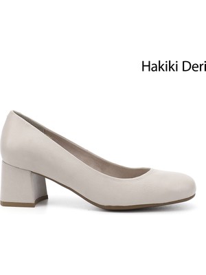 Kadın Antik Bej Küt Burun Orta Kalın Topuklu Hakiki Deri Ayakkabı