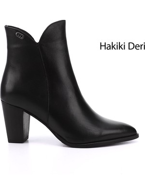GÖNDERİ Kadın Siyah  Fermuarlı Sivri Burun Hakiki Deri Bot