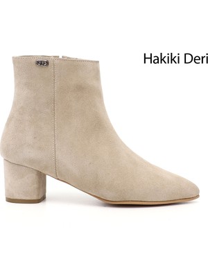 GÖNDERİ Kadın Bej  Fermuarlı Sivri Burun Hakiki Deri Bot