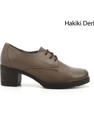 Gönderi® Kadın Vizon Antik Bağcıklı Orta Kalın Topuklu Hakiki Deri Oxford Ayakkabı