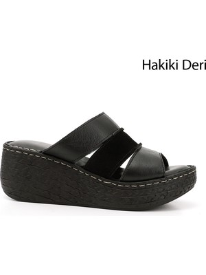 Kadın Siyah Dolgu Topuk Hakiki Deri Terlik