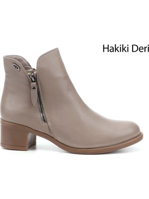 Gönderi® Kadın Bej Çift Fermuarlı Kalın Topuklu Hakiki Deri Bot
