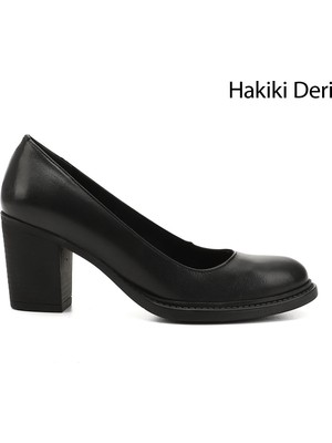 Kadın Siyah Orta Kalın Topuklu Hakiki Deri Ayakkabı