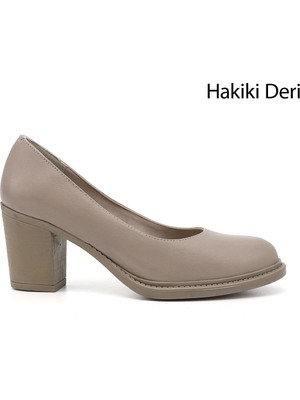 GÖNDERİ Kadın Bej  Orta Kalın Topuklu Hakiki Deri Ayakkabı