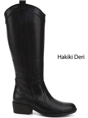 GÖNDERİ Kadın Siyah  Fermuarlı Kalın Topuklu Hakiki Deri Kovboy Çizme