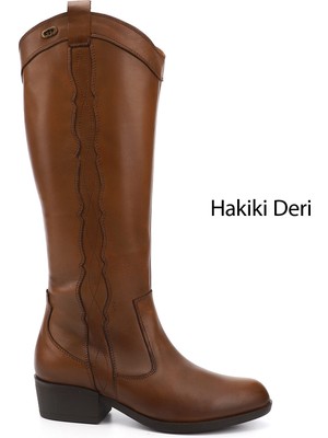 Gönderi(r) Kadın Taba Antik Fermuarlı Kalın Topuklu Hakiki Deri Kovboy Çizme