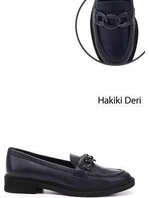 GÖNDERİ Kadın Lacivert  Tokalı Hakiki Deri Loafer Ayakkabı